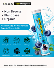 Vedancy Manashanti – Herbal Stress Support Effervescent Tablets | Blueberry Flavor | Non-Drowsy | Plant-Based & Organic | 20 Tabs