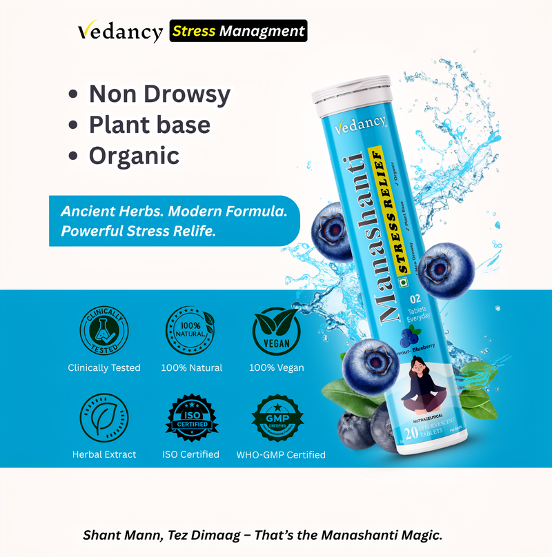 Vedancy Manashanti – Herbal Stress Support Effervescent Tablets | Blueberry Flavor | Non-Drowsy | Plant-Based & Organic | 20 Tabs