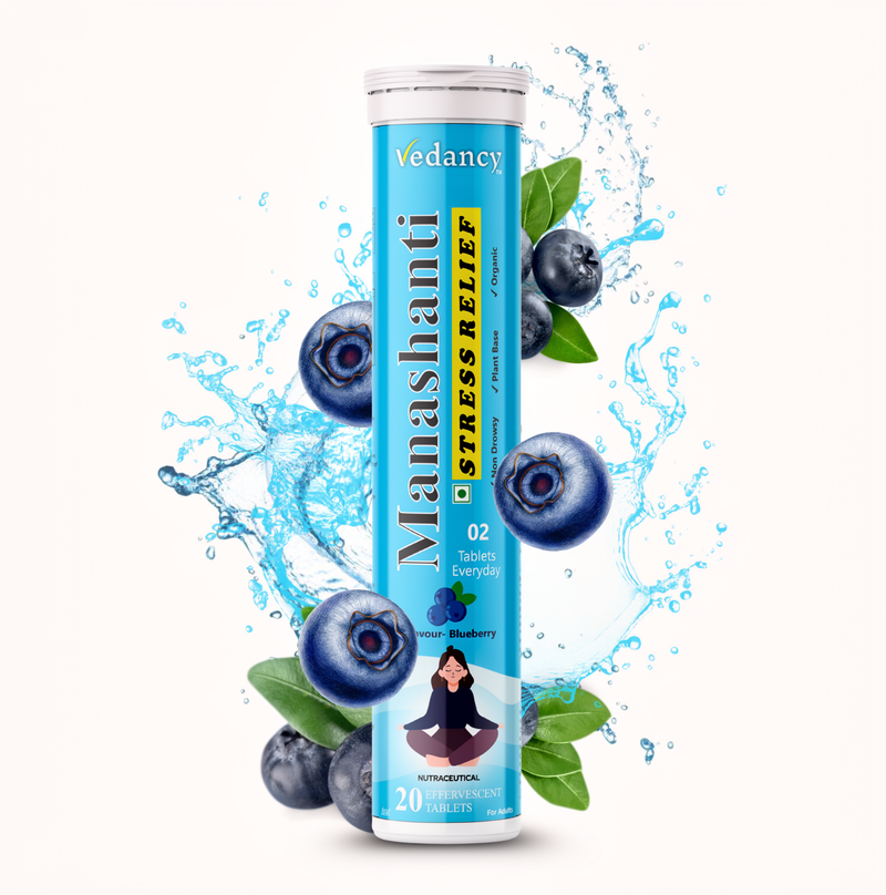 Vedancy Manashanti – Herbal Stress Support Effervescent Tablets | Blueberry Flavor | Non-Drowsy | Plant-Based & Organic | 20 Tabs