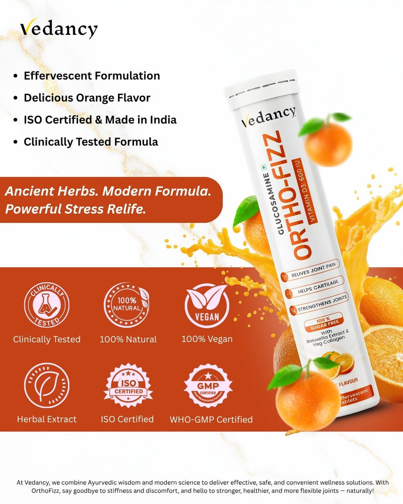 Vedancy OrthoFizz Effervescent Tablets for Joint Pain Relief | Glucosamine 750mg, Chondroitin, Vitamin D3, Veg Collagen, Boswellia & Turmeric Extract | Strengthens Bones, Improves Mobility & Flexibility | Orange Flavor | Sugar-Free