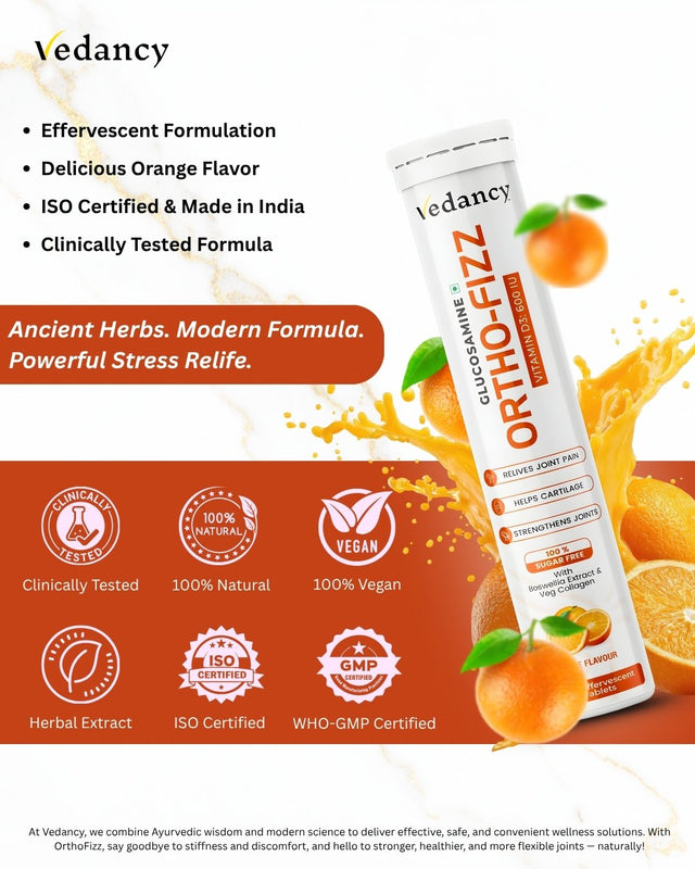 Vedancy OrthoFizz Effervescent Tablets for Joint Pain Relief | Glucosamine 750mg, Chondroitin, Vitamin D3, Veg Collagen, Boswellia & Turmeric Extract | Strengthens Bones, Improves Mobility & Flexibility | Orange Flavor | Sugar-Free