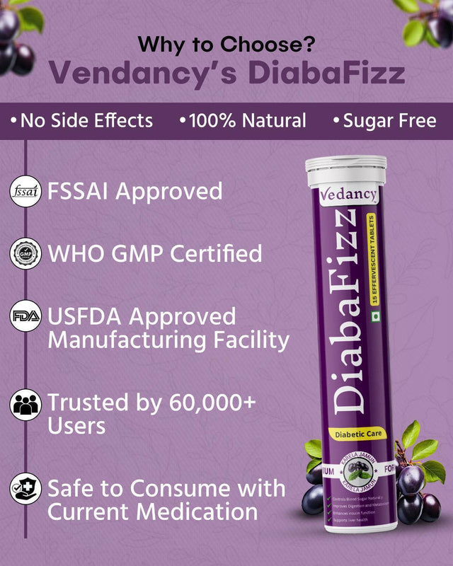 Diabafizz – Herbal Blood Sugar Wellness Effervescent Tablets | Jamun, Karela & 9 Ayurvedic Herbs | Sugar-Free, Vegan, Non-GMO | 15 Tabs - Vedancy