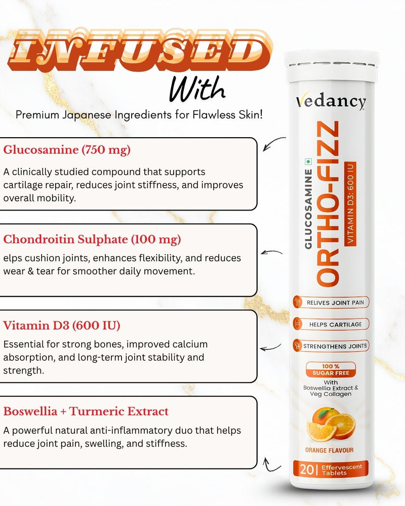 Vedancy OrthoFizz Effervescent Tablets for Joint Pain Relief | Glucosamine 750mg, Chondroitin, Vitamin D3, Veg Collagen, Boswellia & Turmeric Extract | Strengthens Bones, Improves Mobility & Flexibility | Orange Flavor | Sugar-Free