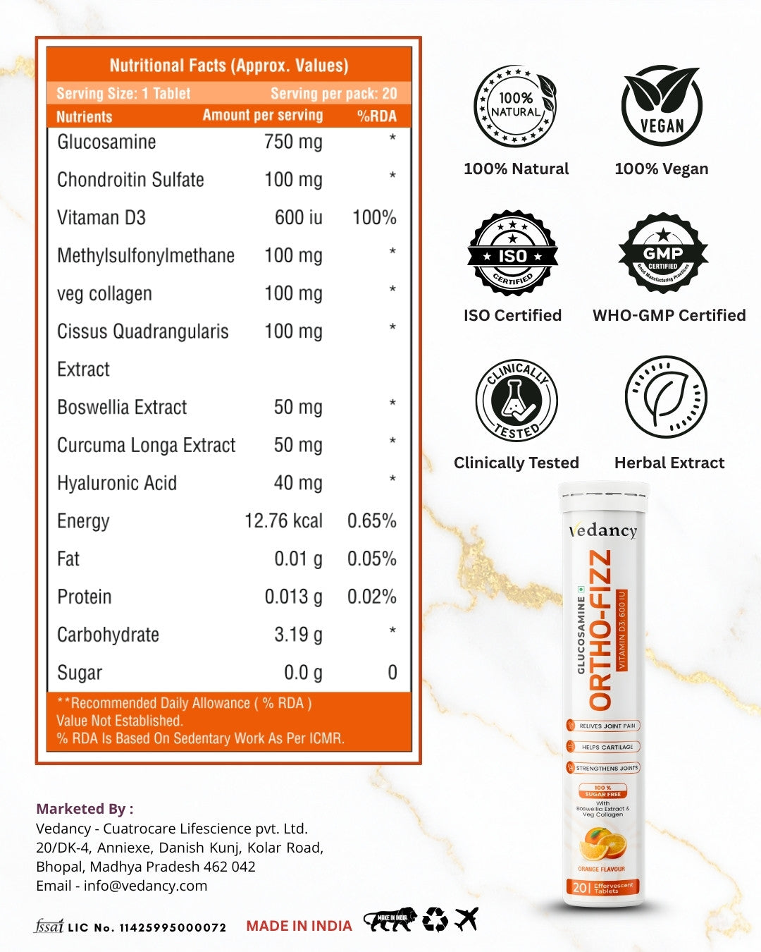 Vedancy OrthoFizz Effervescent Tablets for Joint Pain Relief | Glucosamine 750mg, Chondroitin, Vitamin D3, Veg Collagen, Boswellia & Turmeric Extract | Strengthens Bones, Improves Mobility & Flexibility | Orange Flavor | Sugar-Free