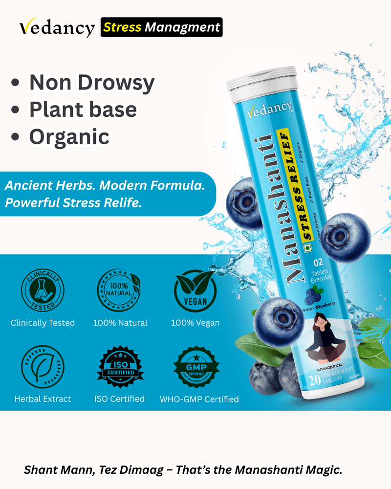 Vedancy Manashanti – Herbal Stress Support Effervescent Tablets | Blueberry Flavor | Non-Drowsy | Plant-Based & Organic | 20 Tabs